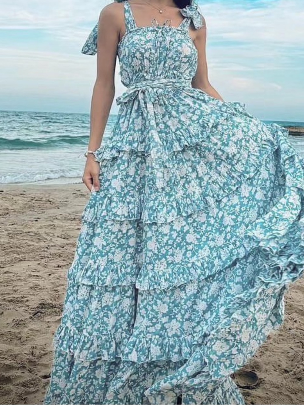Light Blue Floral Tiered Maxi Dress with Tie Straps NWOT